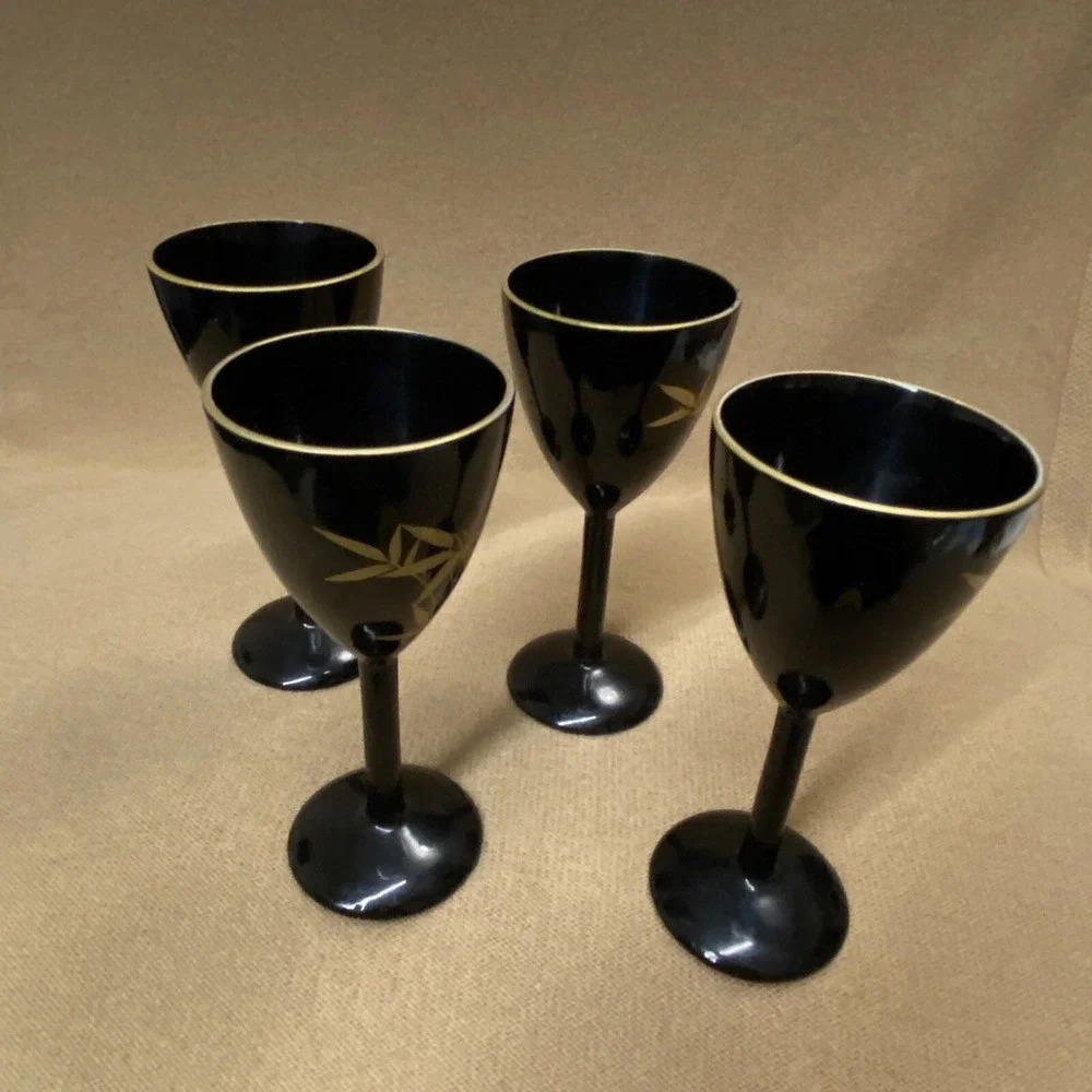 Set 4 Vtg Japan Sake Shot Bamboo Tree GoldPainted On BLACK LACQUER WOOD Stemware